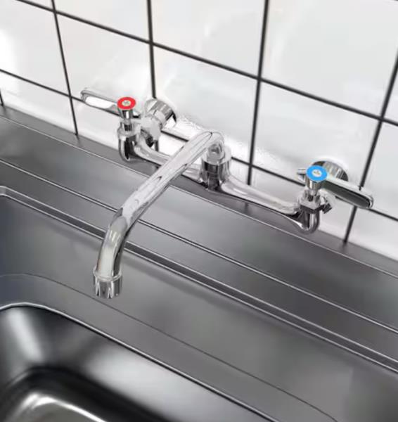 Commercial Wall Mount 2 Handle Kitchen Faucet 8 In Center Swivel Spout Mixer Tap