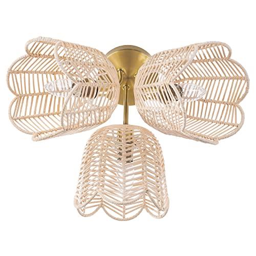 Isla 18 in 3-Light Semi Flush Mount -Brushed Gold with Bell-Shaped Rattan Shades