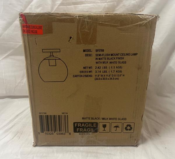 Bartlett 9 in. 1-Light Matte Black and White Milk Glass Semi-Flush Mount