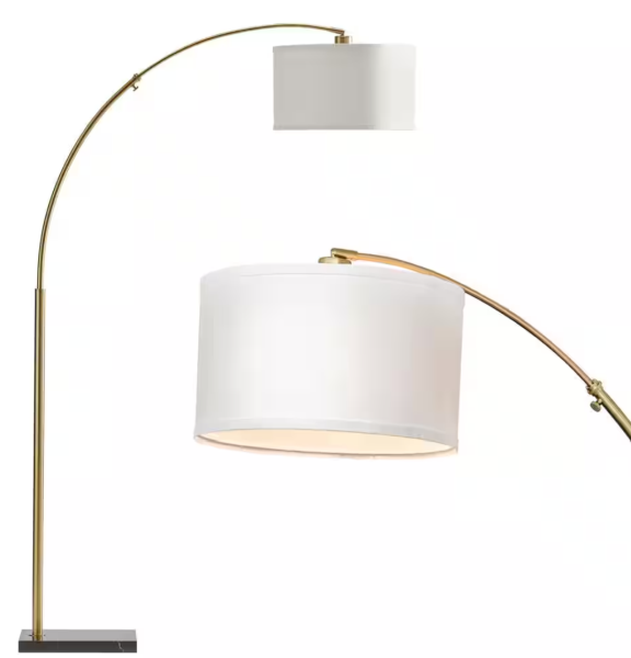 Logan 76 in. Antique Brass Modern 1-Light Adjustable and Extendable LED Floor Lamp with White Fabric Drum Shade