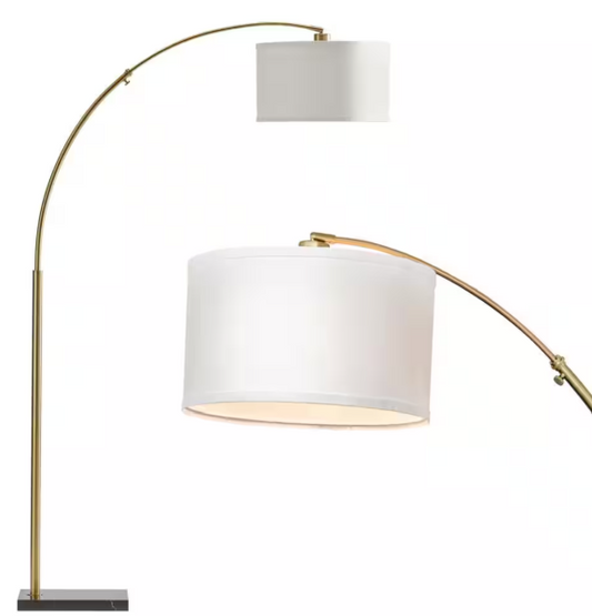 Logan 76 in. Antique Brass Modern 1-Light Adjustable and Extendable LED Floor Lamp with White Fabric Drum Shade