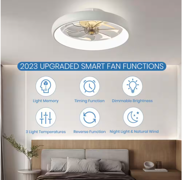 ANTOINE 20 in. LED Indoor White Bladeless App Control Low Profile Ceiling Fan with Light Semi Flush Mount Bedroom Lighting
