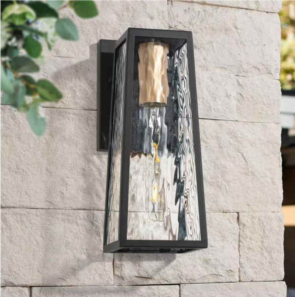 Modern Textured Black 1-Light Outdoor Wall Sconce Industrial Square Outdoor Wall Lantern with Water Glass Shade