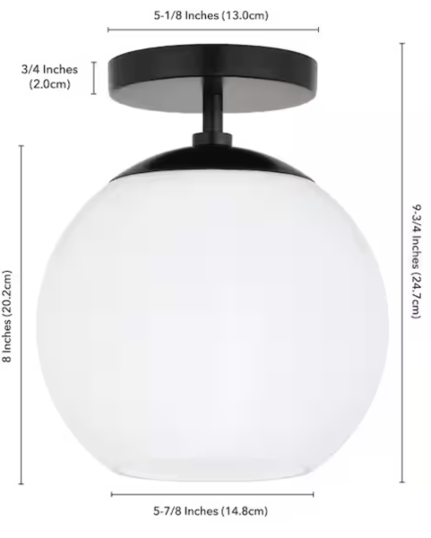 Bartlett 9 in. 1-Light Matte Black and White Milk Glass Semi-Flush Mount