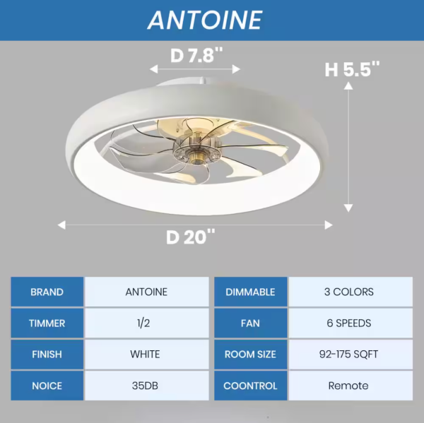 ANTOINE 20 in. LED Indoor White Bladeless App Control Low Profile Ceiling Fan with Light Semi Flush Mount Bedroom Lighting
