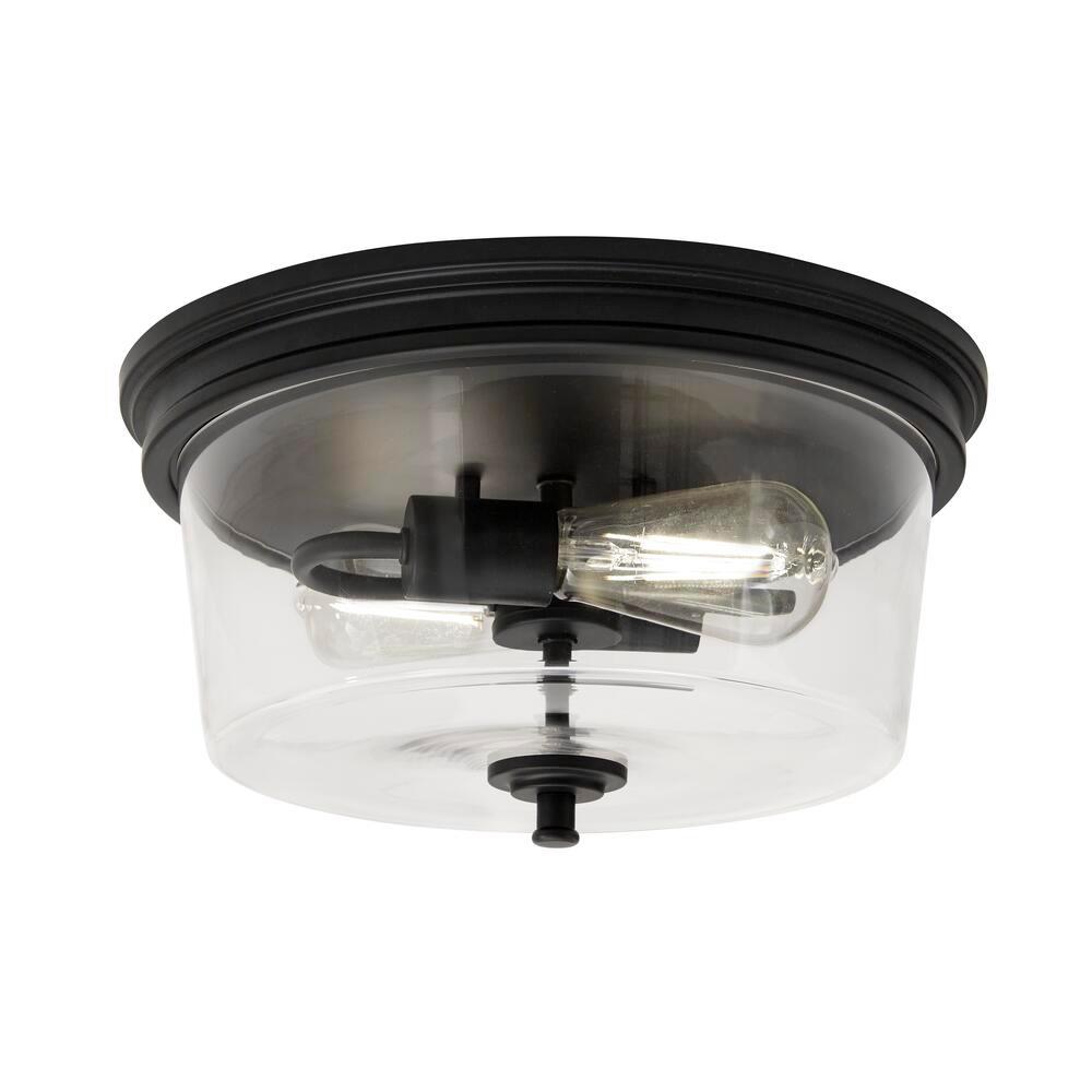 Hampton Bay Manor 14 in. Matte Black Round Flush Mount Industrial Ceiling Light with Clear Glass Shade