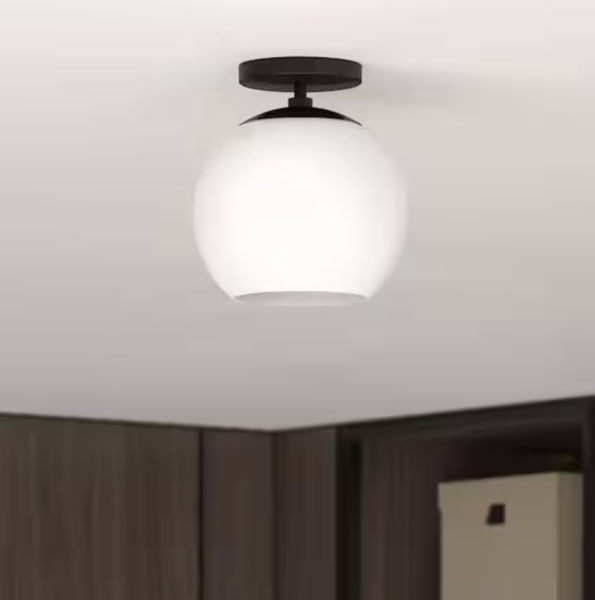 Bartlett 9 in. 1-Light Matte Black and White Milk Glass Semi-Flush Mount