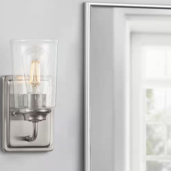 Hampton Bay Evangeline 4.5 in. 1-Light Brushed Nickel Indoor Wall Farmhouse Sconce with Clear Seeded Glass Shade