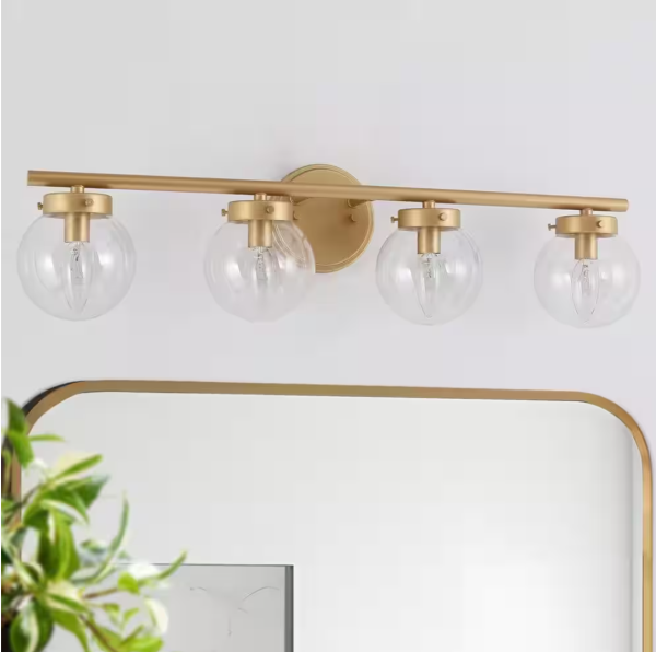 Uolfin Farmhouse Gold Bathroom Vanity Light, 28 in. 4-Light Wall Sconce Light with Clear Glass Shades