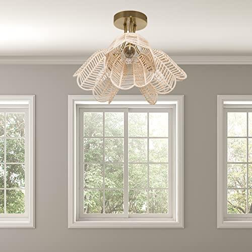 Isla 18 in 3-Light Semi Flush Mount -Brushed Gold with Bell-Shaped Rattan Shades