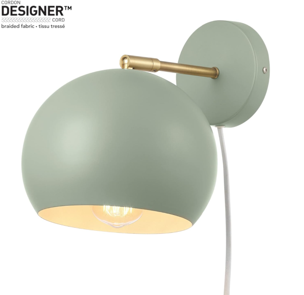Globe Electric x Novogratz 65866 Willow 1-Light Plug-in or Hardwire Wall Sconce, Sage Green, Matte Brass Accent, Bulb Not Included