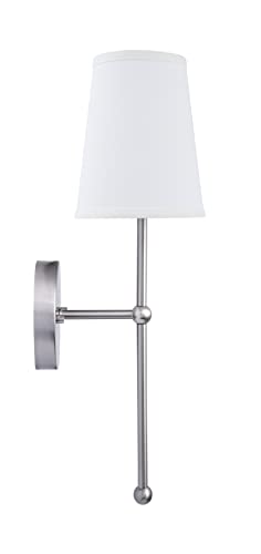 Finley 1-Light Wall Sconce w/ White Fabric Shade in Brushed Nickel for Bedroom, Bathroom, Hallway Entry, and Fireplace