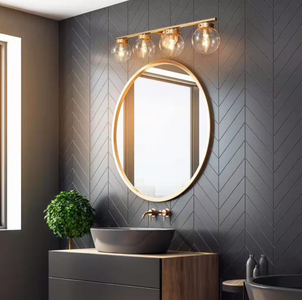 Uolfin Farmhouse Gold Bathroom Vanity Light, 28 in. 4-Light Wall Sconce Light with Clear Glass Shades