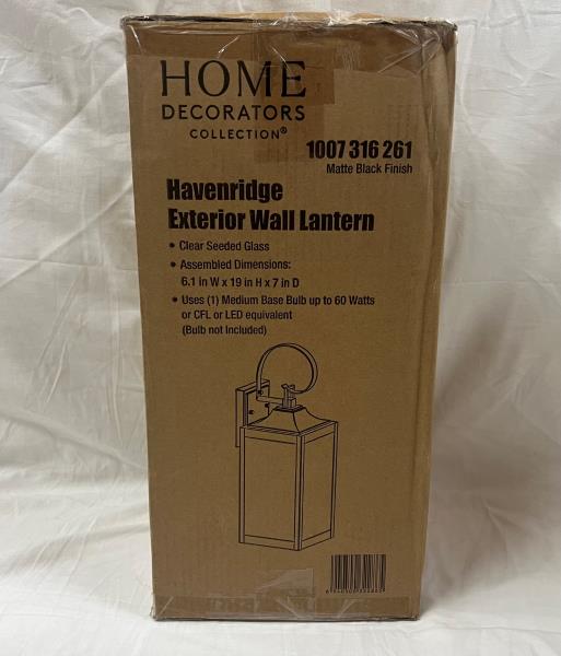 Home Decorators Collection Havenridge 19 in. 1-Light Matte Black Hardwired Outdoor Wall Light Lantern Sconce with Seeded Glass (1-Pack)