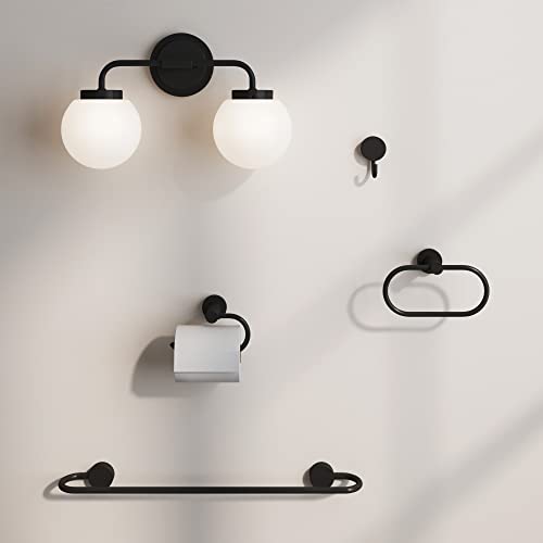 Nathan James Izzy Modern 2-Light Vanity Light Fixture Modern Wall Sconce Bathroom Light with White Globe Shades and Bathroom 4-Piece Black Metal Acce