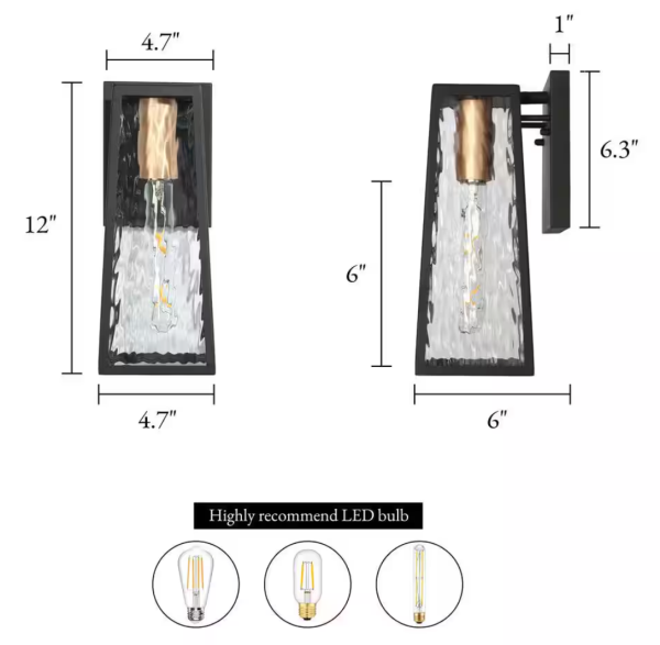 Modern Textured Black 1-Light Outdoor Wall Sconce Industrial Square Outdoor Wall Lantern with Water Glass Shade