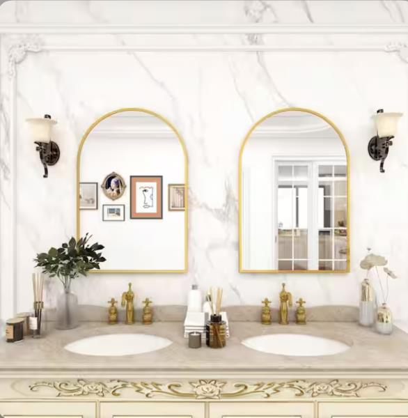 26 in. W X 38 in. H Arched Metal Framed Wall Bathroom Vanity Mirror Gold