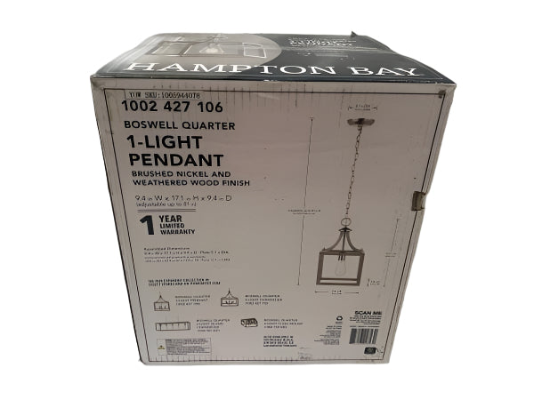 Hampton Bay Boswell Quarter 1-Light Brushed Nickel Mini-Pendant with Weathered Wood Accents
