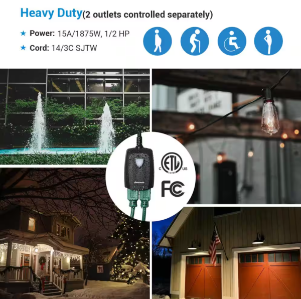 DEWENWILS Outdoor Wireless Remote Control Outlet 2 Independent Control Sockets Weatherproof Electrical Remote Control Switch 15A Heavy Duty with 2 R