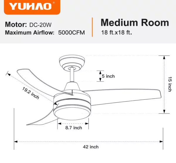 YUHAO Modern 42 in. Indoor Matte White Dimmable Ceiling Fan with Integrated LED, DC Motor and Remote Control