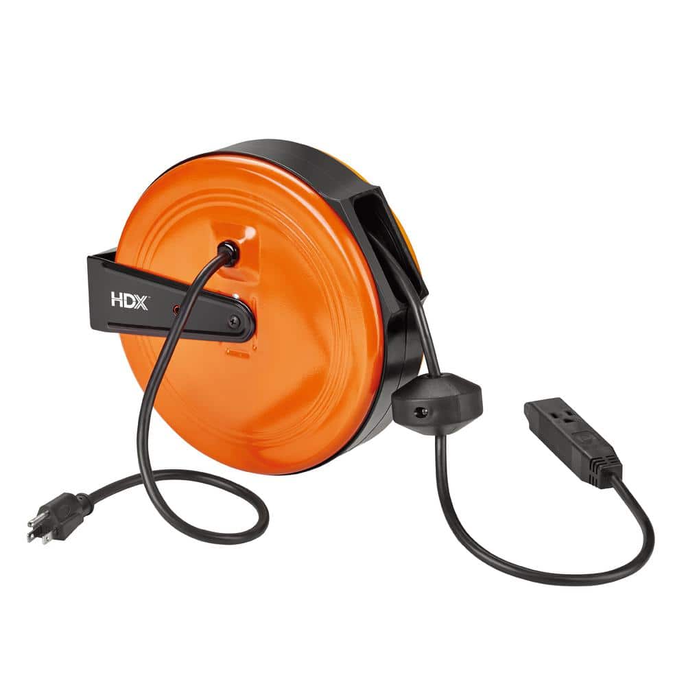 HDX 30 Ft. 16/3 Retractable Cord Reel with 3 Grounded Outlets in Orange