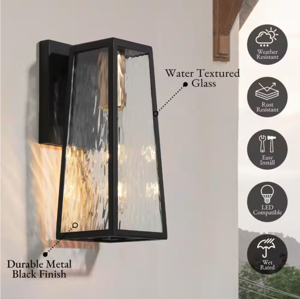 Modern Textured Black 1-Light Outdoor Wall Sconce Industrial Square Outdoor Wall Lantern with Water Glass Shade