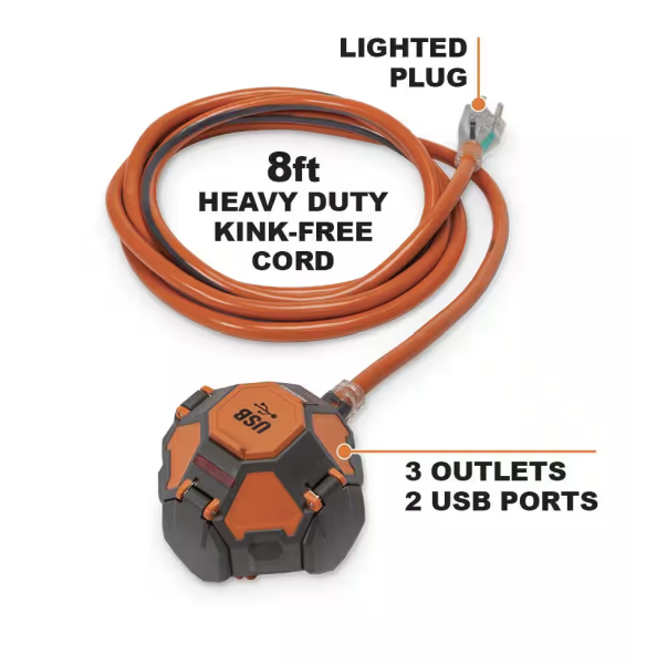 Ridgid Power Ball 8 Extension Cord 3 Outlet 2 USB 14 Gauge 15 Amp 120 Volt