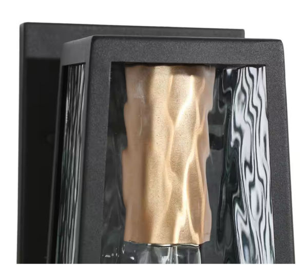 Modern Textured Black 1-Light Outdoor Wall Sconce Industrial Square Outdoor Wall Lantern with Water Glass Shade
