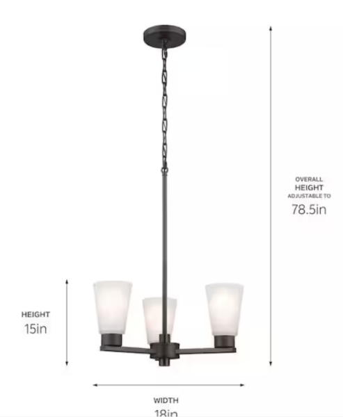 KICHLER Stamos 18 in. 3-Light Olde Bronze Modern Shaded Circle Dining Room Chandelier with Satin Etched Glass Shades