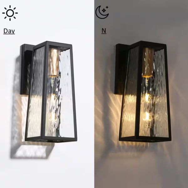 Modern Textured Black 1-Light Outdoor Wall Sconce Industrial Square Outdoor Wall Lantern with Water Glass Shade