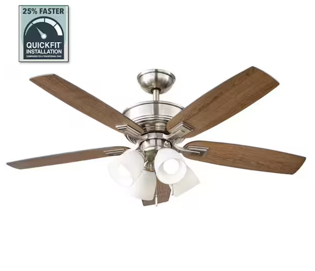 Hampton Bay Devron II 52 in. Indoor Brushed Nickel LED Ceiling Fan with Light Kit, Downrod and Reversible Blades