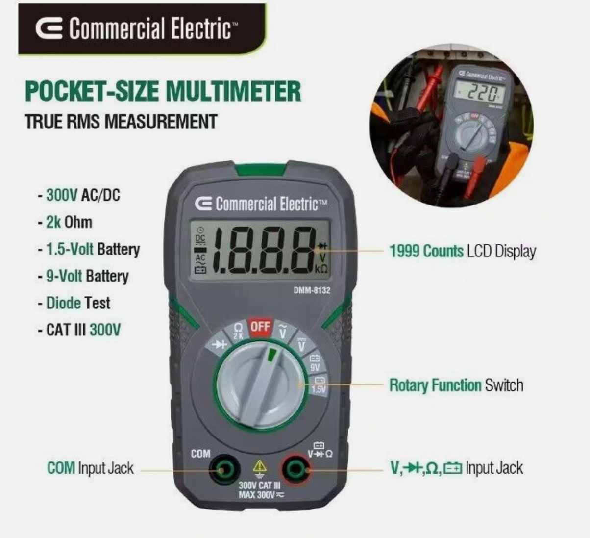 Commercial Electric Pocket Size True RMS Digital Multi-Meter
