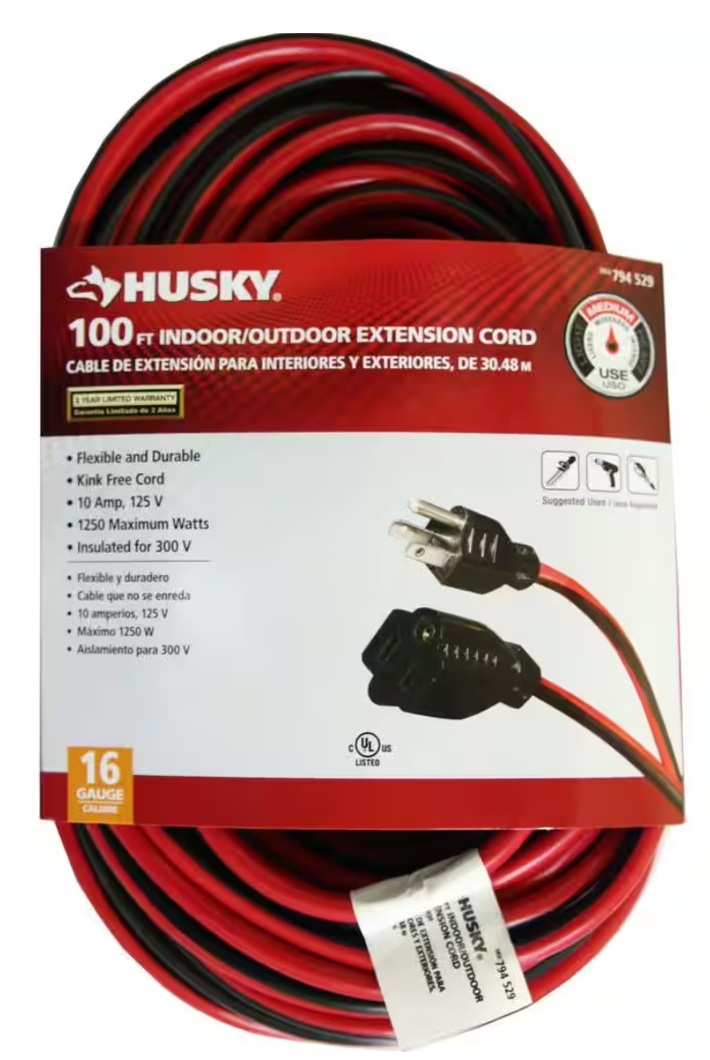 Husky 100 Ft. 16/3 Medium-Duty Indoor/Outdoor Extension Cord, Red and Black, RED/BLACK