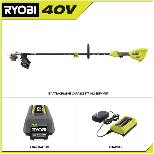 RYOBI 40V 15 in. Expand-It Cordless Battery Attachment Capable String Trimmer with 4.0 Ah Battery and Charger