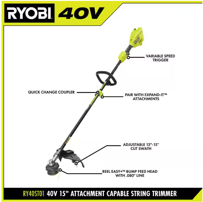 RYOBI 40V 15 in. Expand-It Cordless Battery Attachment Capable String Trimmer with 4.0 Ah Battery and Charger