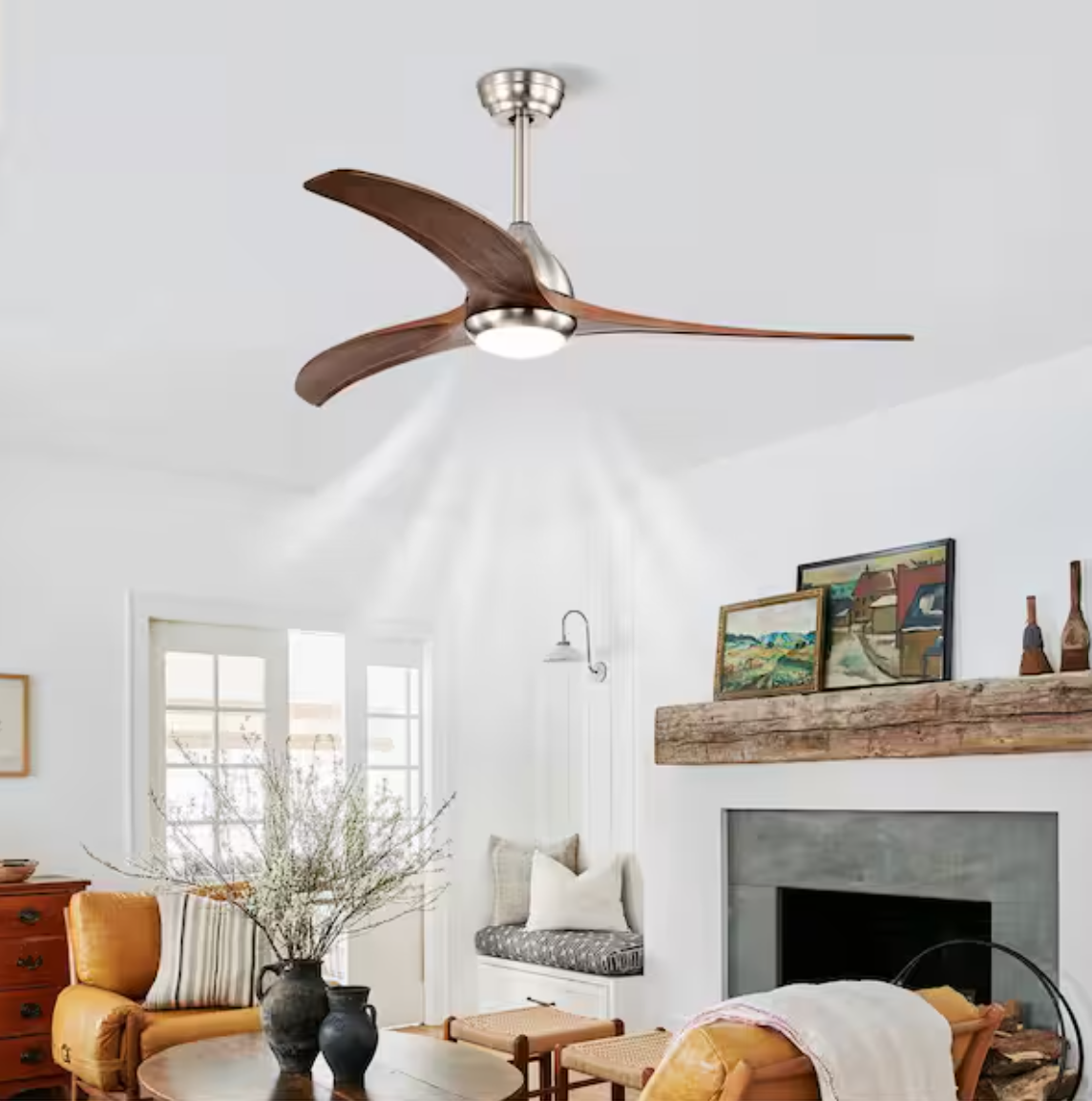 bessten 52 in. Brushed Nickel Indoor Outdoor Ceiling Fan with Reversible Red Walnut Blades, LED Light and Remote, Downrod Mount