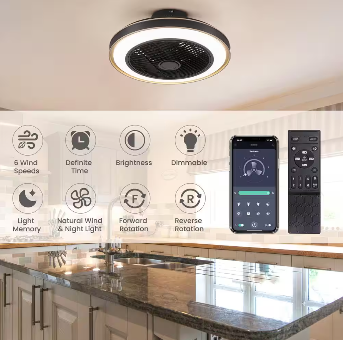 ANTOINE 20 in. Indoor Black Caged Enclosed Ceiling Fan with LED Light Modern Low Profile Ceiling Fan with Remote and APP Control