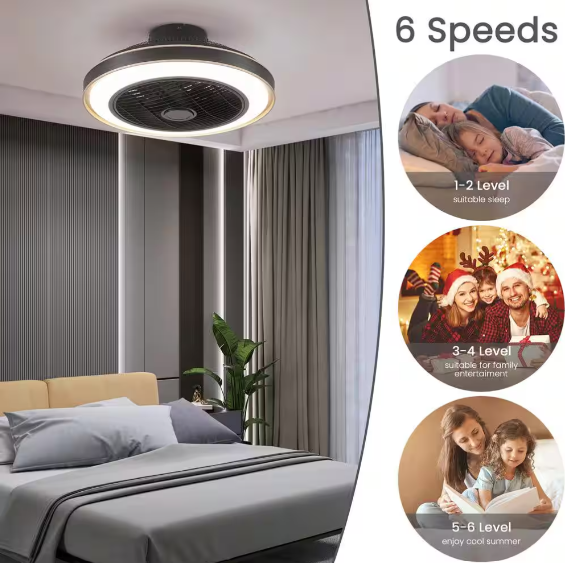 ANTOINE 20 in. Indoor Black Caged Enclosed Ceiling Fan with LED Light Modern Low Profile Ceiling Fan with Remote and APP Control