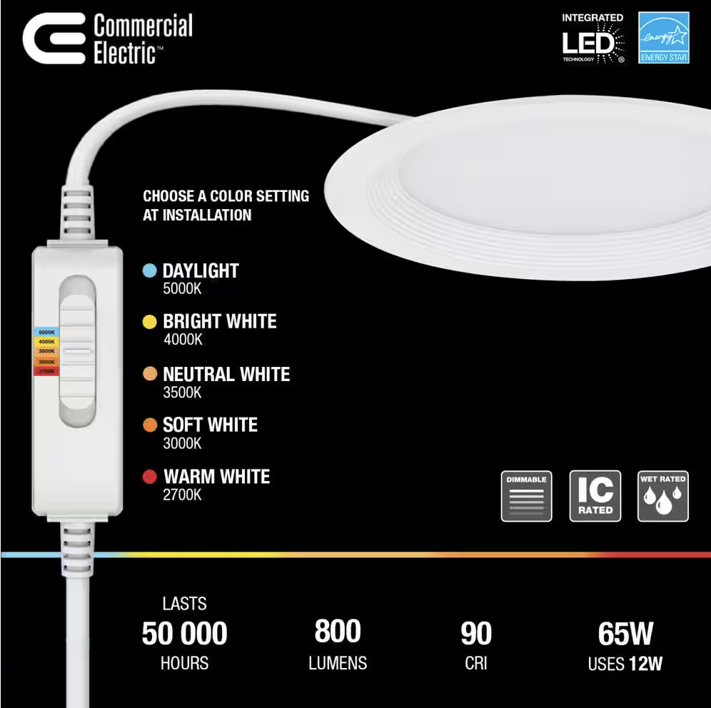 Commercial Electric Slim Baffle Integrated LED 6 in Round Adj Color Temp Canless Recessed Light for Kitchen Bath Living rooms, White 4-Pack