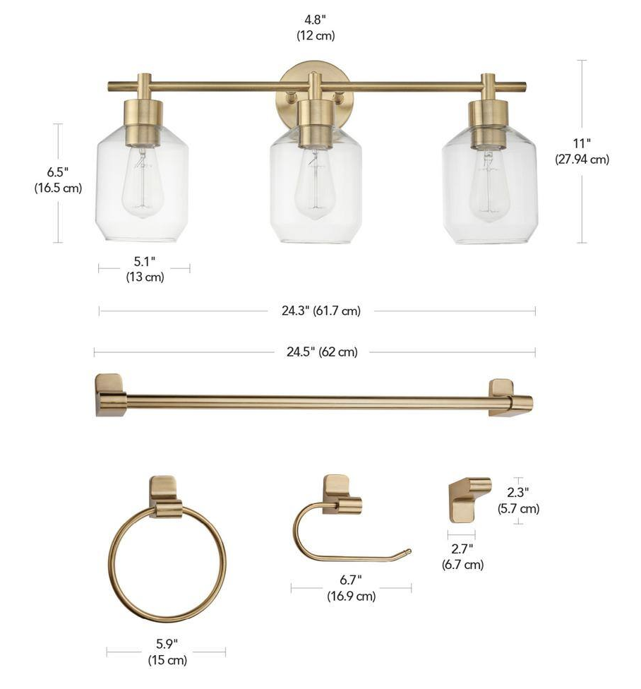 Cannes 24.5" 3-Light Brass Vanity Light with Clear Glass Shades, 5-Piece Bath Set.