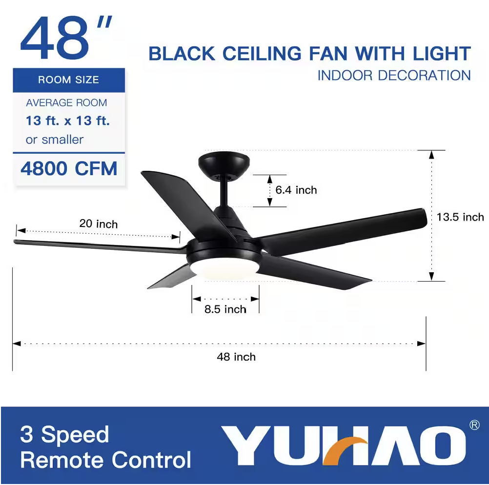 YUHAO 48 in. Dimmable Integrated LED Indoor Black Ceiling Fan with Light and Remote