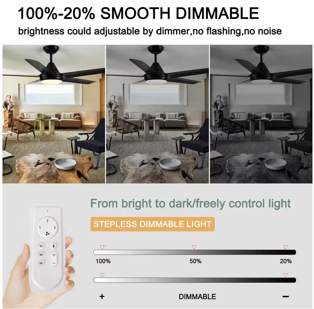 YUHAO 48 in. Dimmable Integrated LED Indoor Black Ceiling Fan with Light and Remote