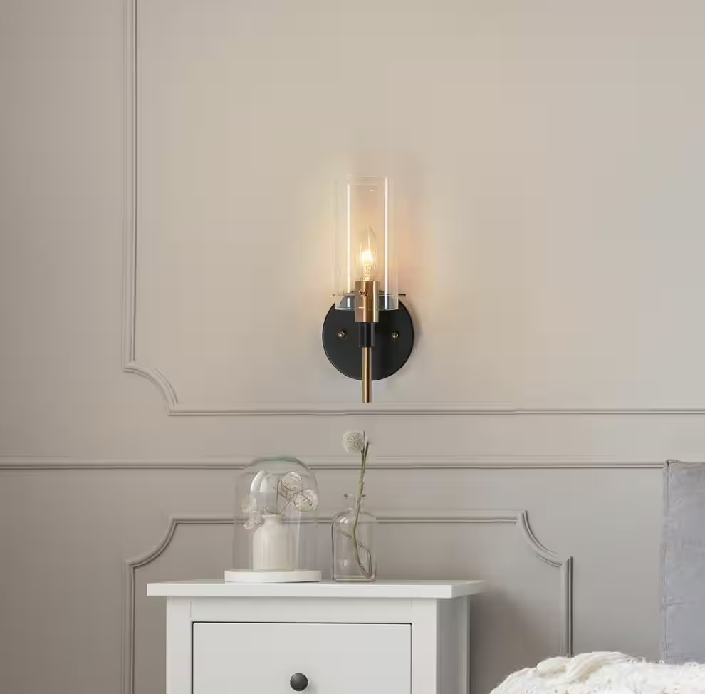Zevni Modern 1-Light Brass Gold Wall Sconce, Black Vanity Light with Open Cylinder Clear Glass Shades Wall Light