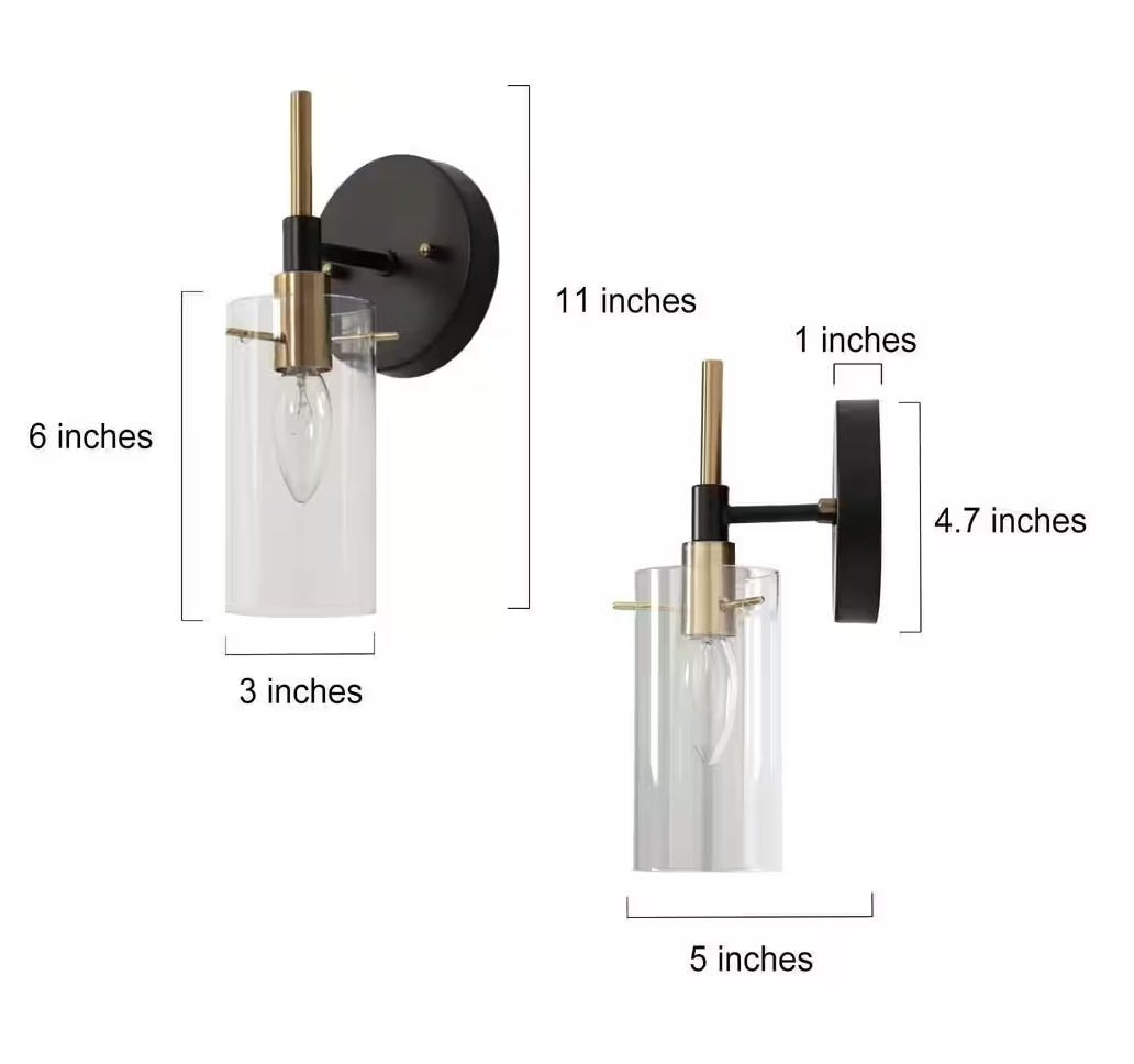 Zevni Modern 1-Light Brass Gold Wall Sconce, Black Vanity Light with Open Cylinder Clear Glass Shades Wall Light
