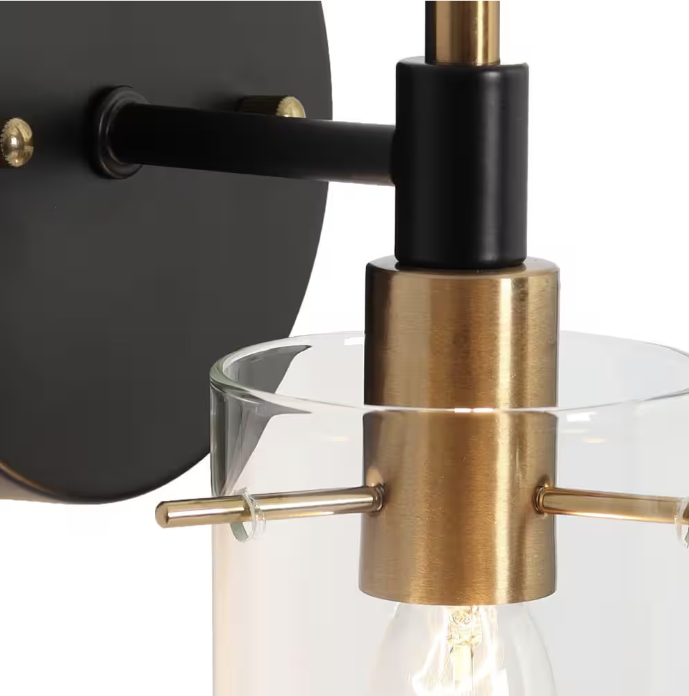 Zevni Modern 1-Light Brass Gold Wall Sconce, Black Vanity Light with Open Cylinder Clear Glass Shades Wall Light