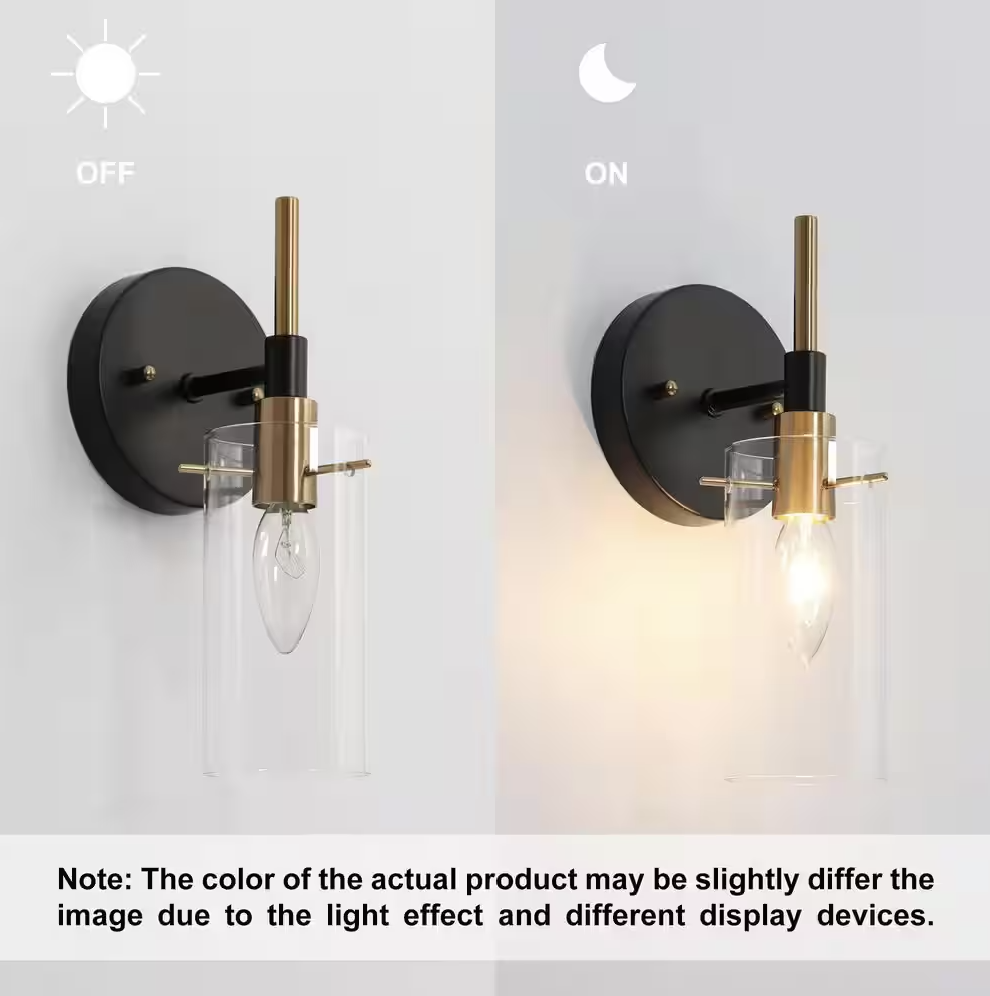 Zevni Modern 1-Light Brass Gold Wall Sconce, Black Vanity Light with Open Cylinder Clear Glass Shades Wall Light