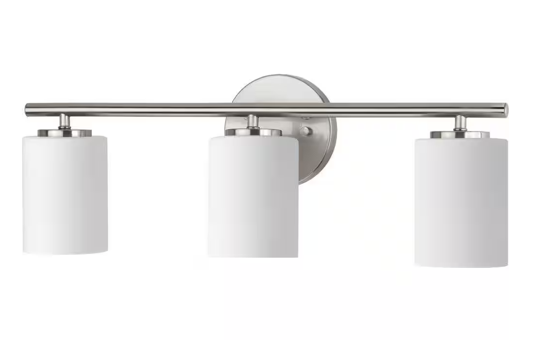 Replay Collection 22 in. 3-Light Brushed Nickel Etched White Glass Modern Bathroom Vanity Light