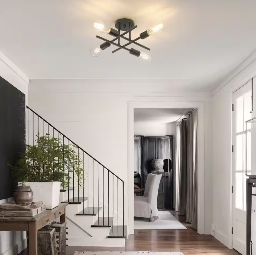 16 In. Black Farmhouse Semi-Flush Mount Ceiling Light Fixtures Modern Sputnik Chandelier for Kitchen Bedroom Dining Room