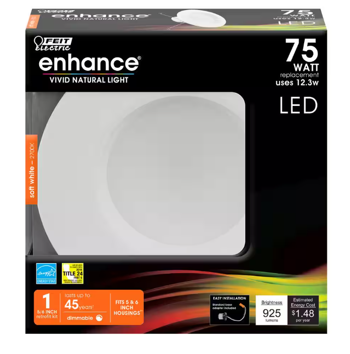 Feit Electric 5 in. /6 in. Integrated LED White Retrofit Recessed Light Trim Kit Dimmable CEC Title 24 Downlight Soft White 2700K