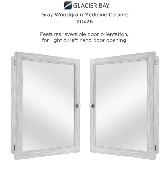 Glacier Bay 20 in. x 26 in. Recessed/Surface Mount Framed Medicine Cabinet in Gray with Mirror